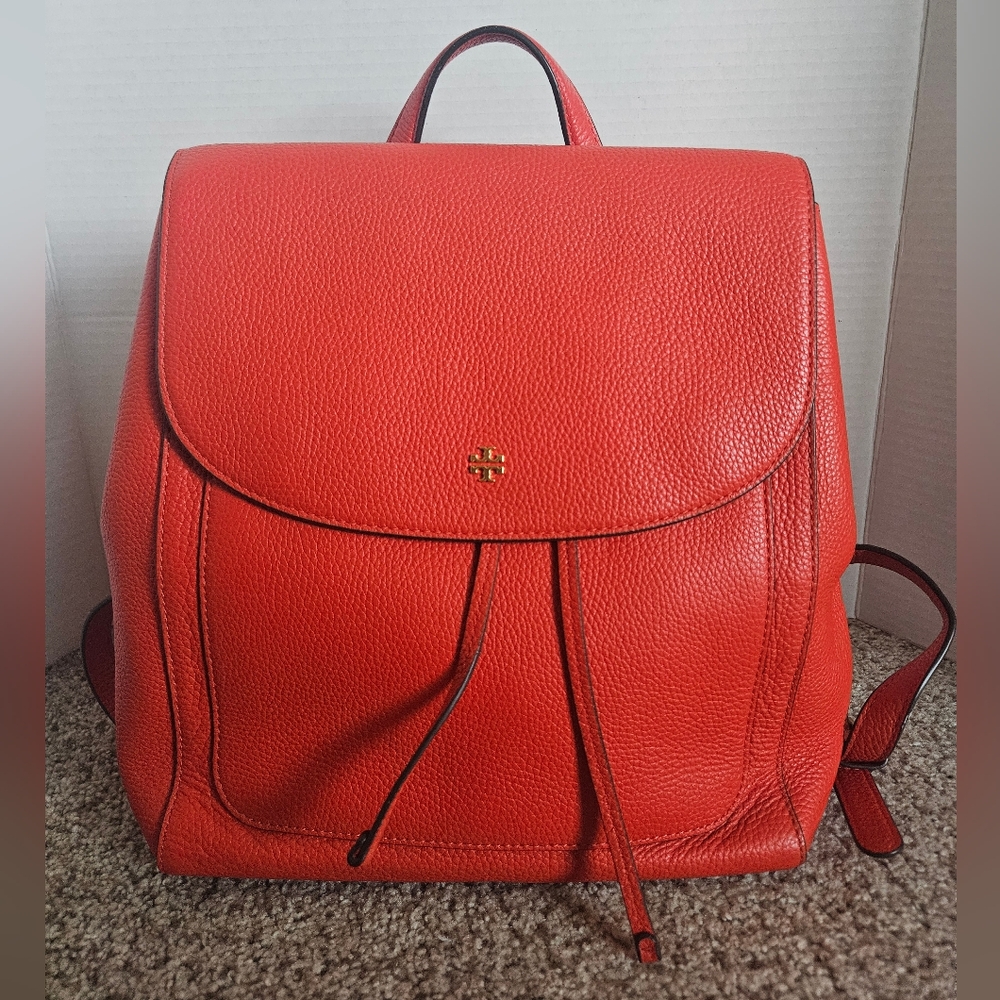Tory Burch Emerson Red-Orange Structured Backpack with Gold Hardware